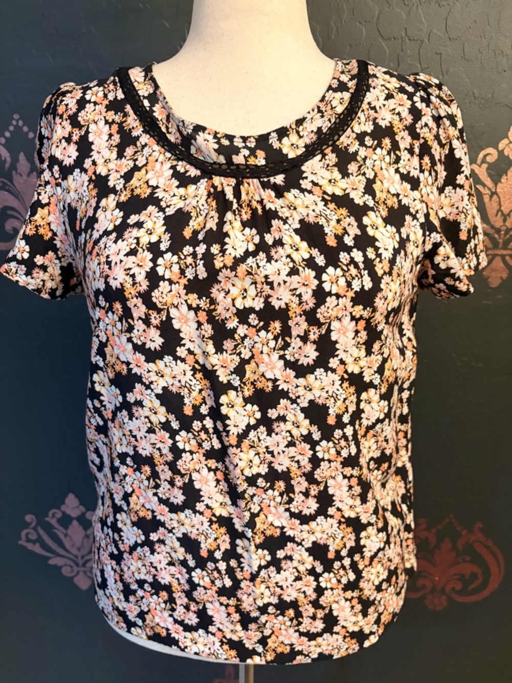 Angels Black Floral Short Sleeve Blouse with Pink and Cream Blossoms
